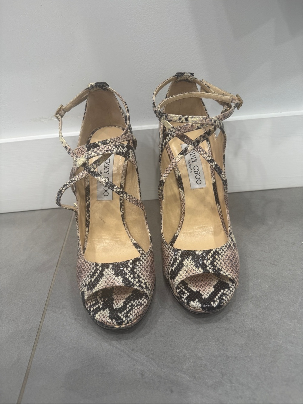 Jimmy Choo Snake-Print Crisscross Ankle-Strap Heels